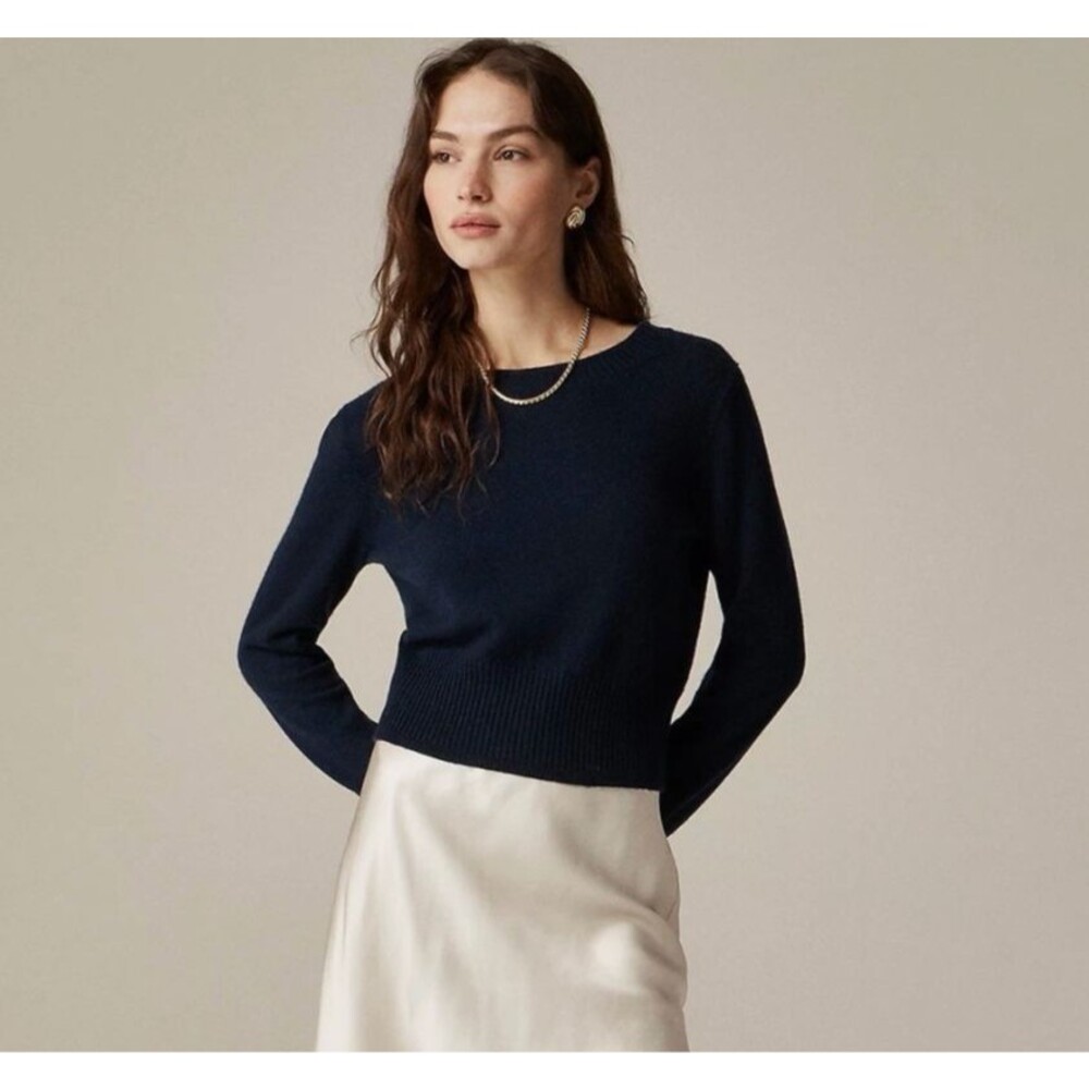 J.CREW Sweater Womens XS Cropped Fit 100% Cashmere Navy Long Sleeve Pullover